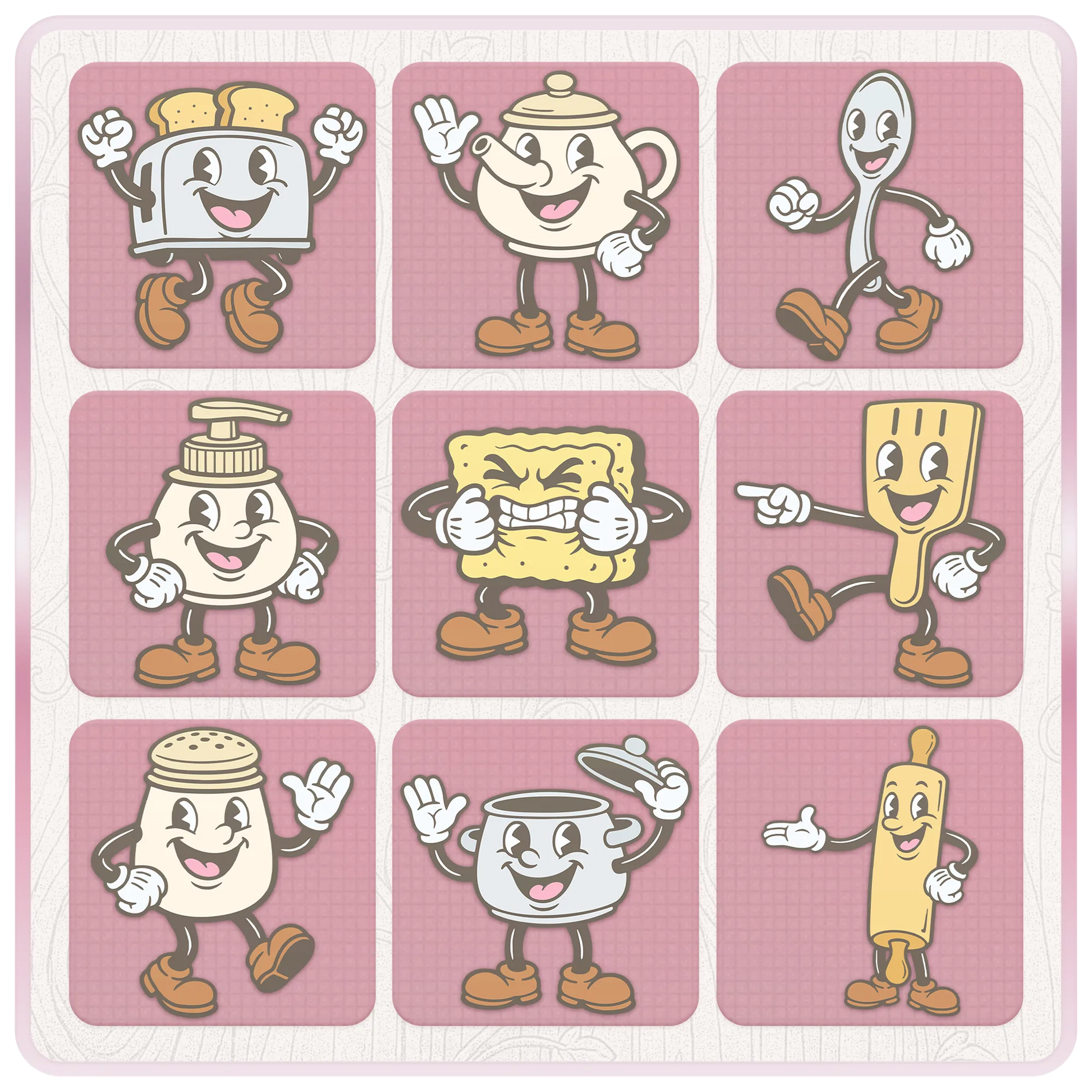 Pastel kitchen mascot clipart preview featuring toaster, teapot, spoon, soap dispenser, sponge, spatula, salt shaker, saucepan, rolling pin, and other cute retro SVG characters.
