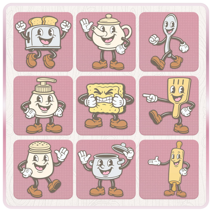 Pastel kitchen mascot clipart preview featuring toaster, teapot, spoon, soap dispenser, sponge, spatula, salt shaker, saucepan, rolling pin, and other cute retro SVG characters.