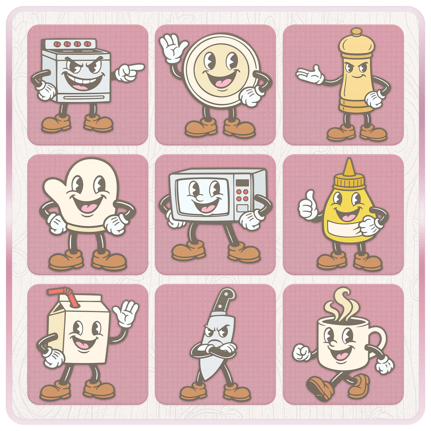 Cute retro kitchen SVG bundle preview with oven, oven mitt, microwave, mustard bottle, milk carton, knife, mug, pepper grinder, plate, and other pastel kitchen mascot clipart.
