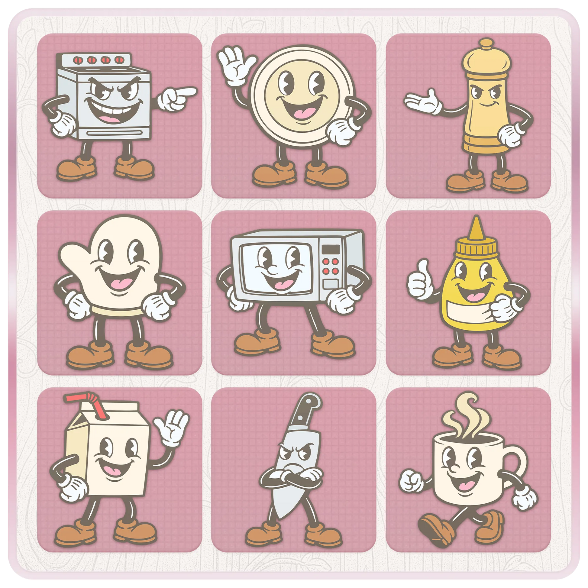 Cute retro kitchen SVG bundle preview with oven, oven mitt, microwave, mustard bottle, milk carton, knife, mug, pepper grinder, plate, and other pastel kitchen mascot clipart.