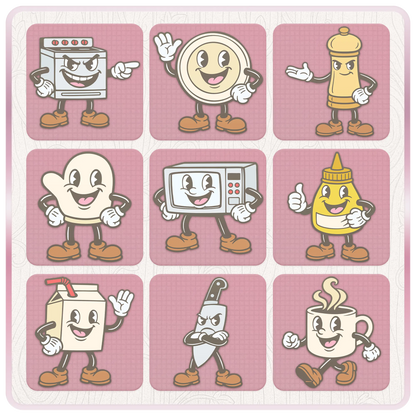 Cute retro kitchen SVG bundle preview with oven, oven mitt, microwave, mustard bottle, milk carton, knife, mug, pepper grinder, plate, and other pastel kitchen mascot clipart.