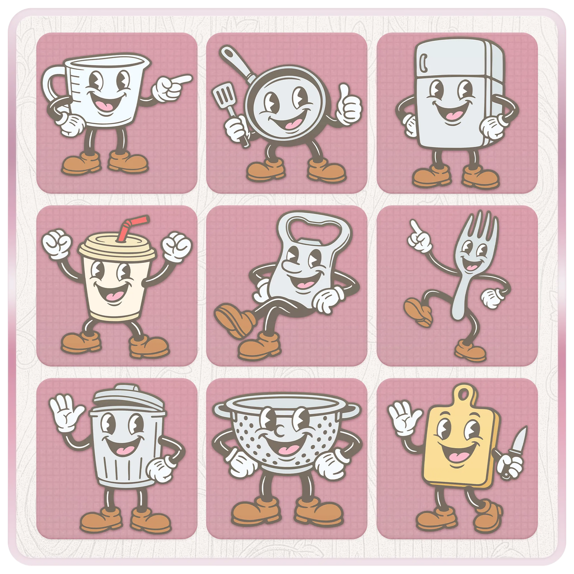 Pastel kitchen clipart bundle preview showing cup, frying pan, fridge, drink cup, bottle opener, fork, bin, colander, cutting board, and cute cartoon kitchen SVG mascots.
