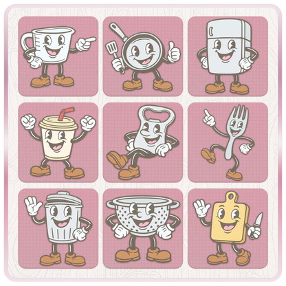 Pastel kitchen clipart bundle preview showing cup, frying pan, fridge, drink cup, bottle opener, fork, bin, colander, cutting board, and cute cartoon kitchen SVG mascots.