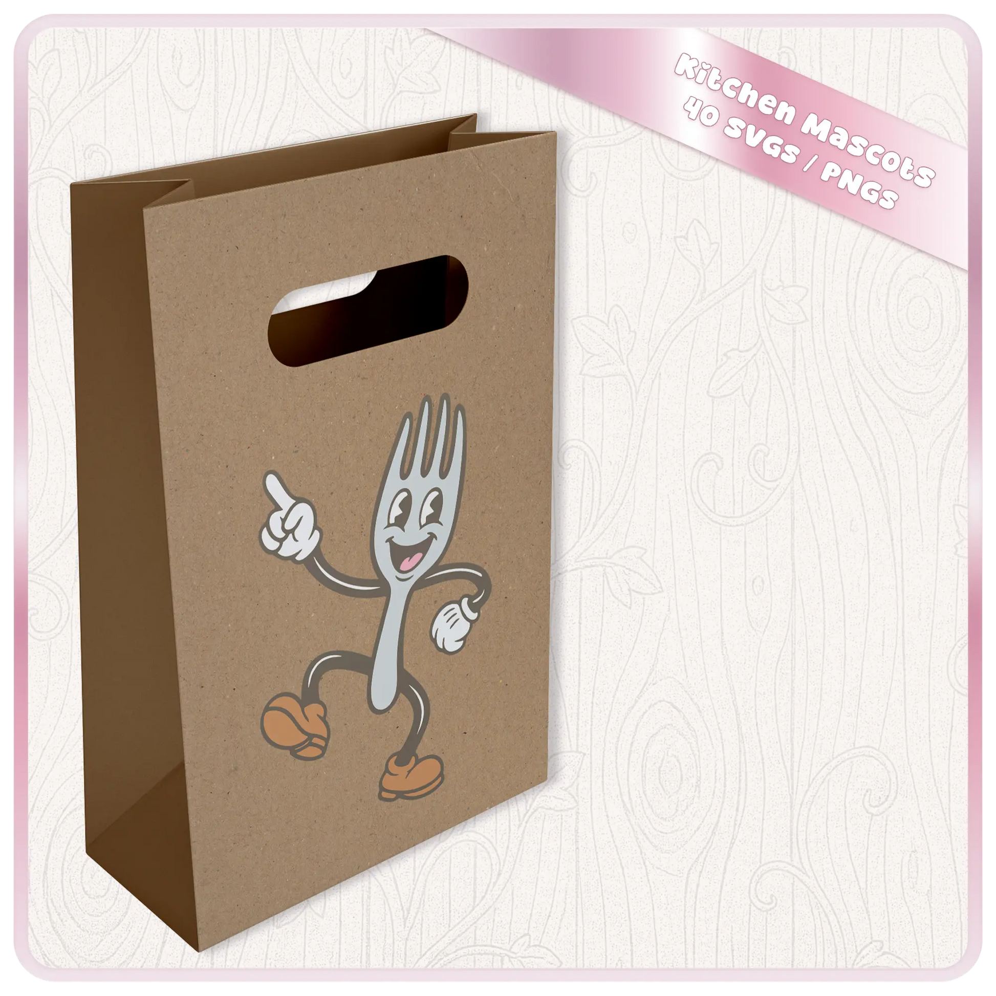 Mockup of pastel kitchen mascot fork SVG printed on a kraft paper gift bag for kitchen crafts, packaging, stickers, sublimation, and printable clipart projects.