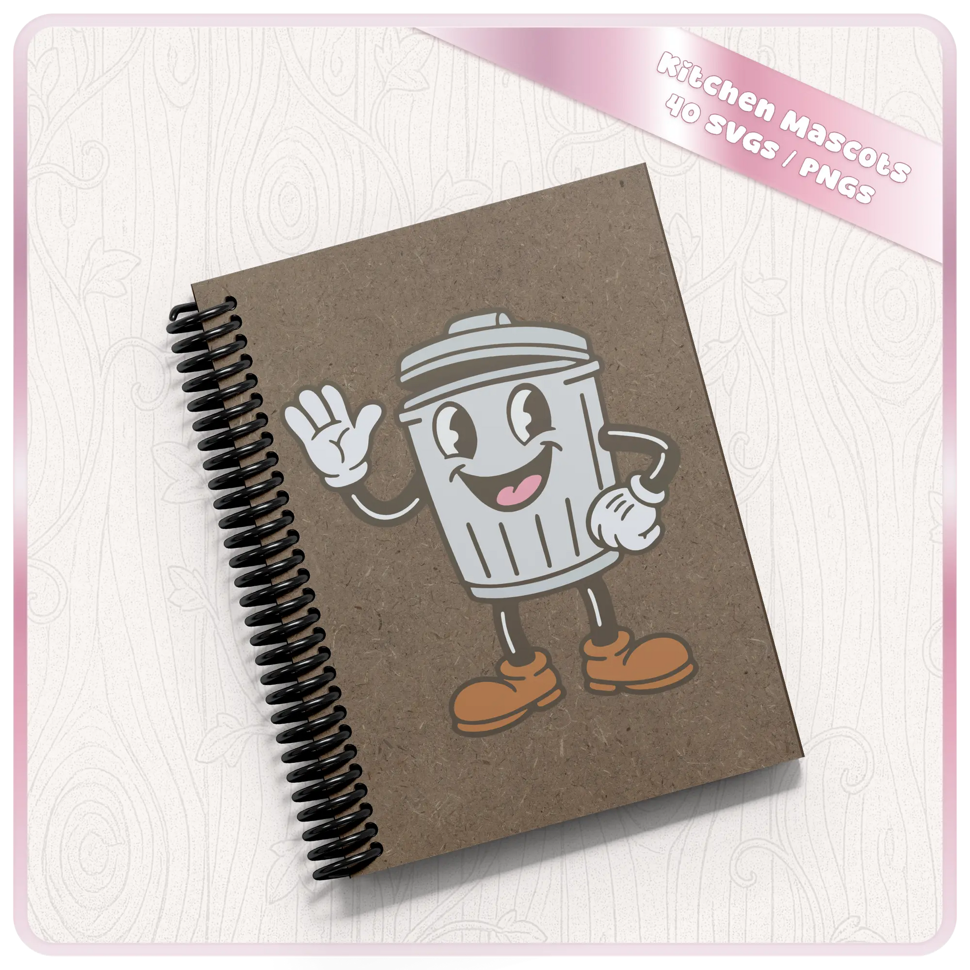 Mockup of cute trash bin kitchen mascot SVG printed on a kraft spiral notebook cover for retro kitchen stationery, stickers, and craft design inspiration.
