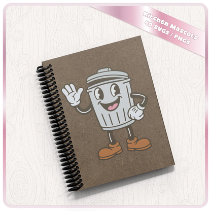 Mockup of cute trash bin kitchen mascot SVG printed on a kraft spiral notebook cover for retro kitchen stationery, stickers, and craft design inspiration.