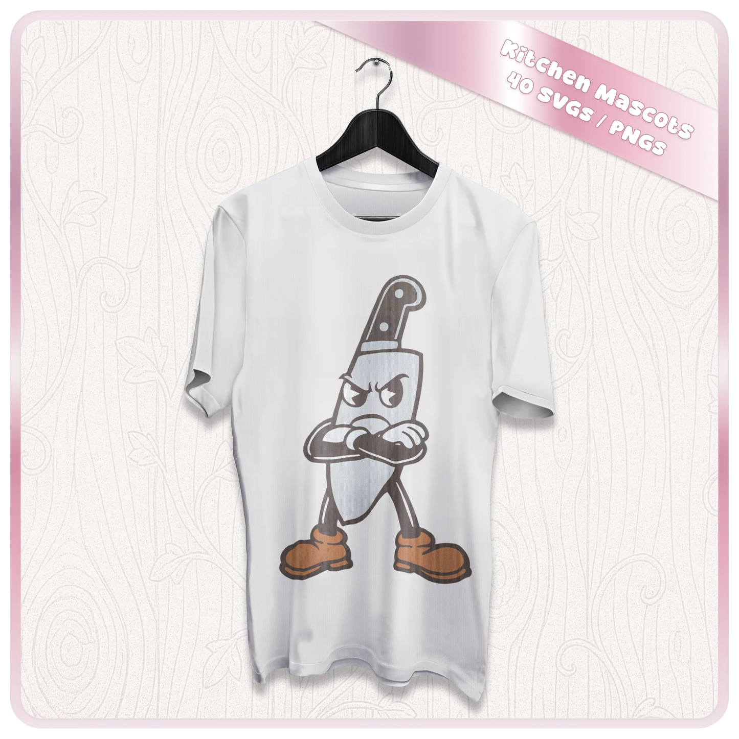 Mockup of retro knife kitchen mascot SVG printed on a white t-shirt for Cricut, sublimation, vinyl crafts, handmade apparel, and kitchen-themed merch.