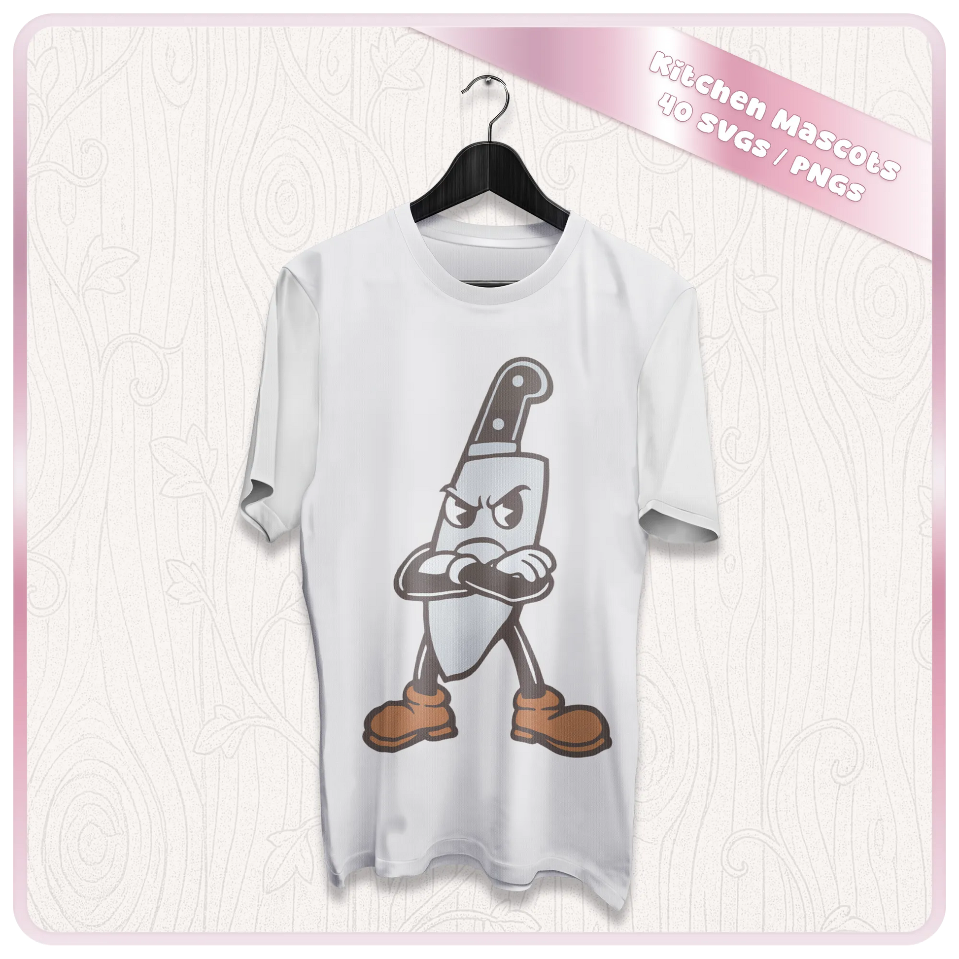 Mockup of retro knife kitchen mascot SVG printed on a white t-shirt for Cricut, sublimation, vinyl crafts, handmade apparel, and kitchen-themed merch.