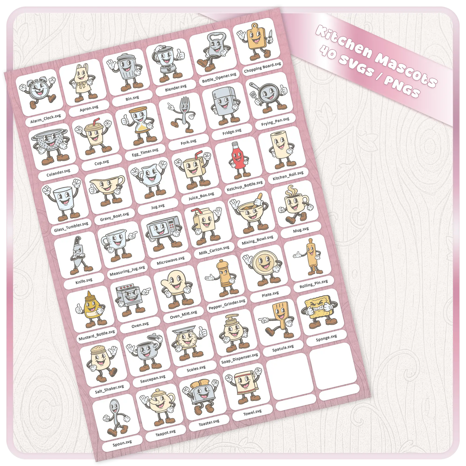 Pastel Kitchen Mascots SVG and PNG bundle preview sheet showing 40 cute retro kitchen clipart files with labeled designs for digital download craft projects.
