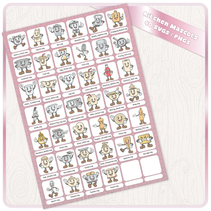 Pastel Kitchen Mascots SVG and PNG bundle preview sheet showing 40 cute retro kitchen clipart files with labeled designs for digital download craft projects.