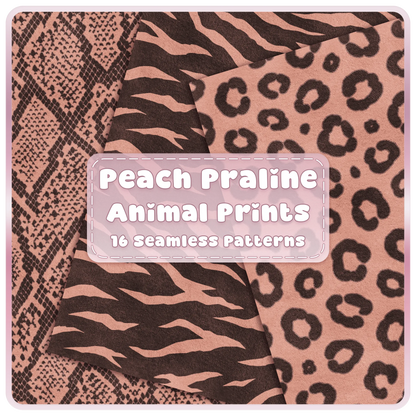 Peach Praline animal print seamless patterns with leopard zebra snakeskin and brown digital papers