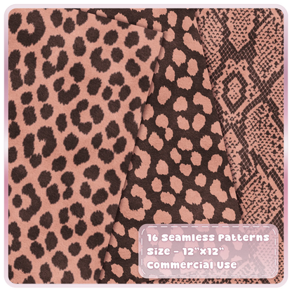 Peach and chocolate leopard print and snakeskin seamless digital papers from animal pattern bundle