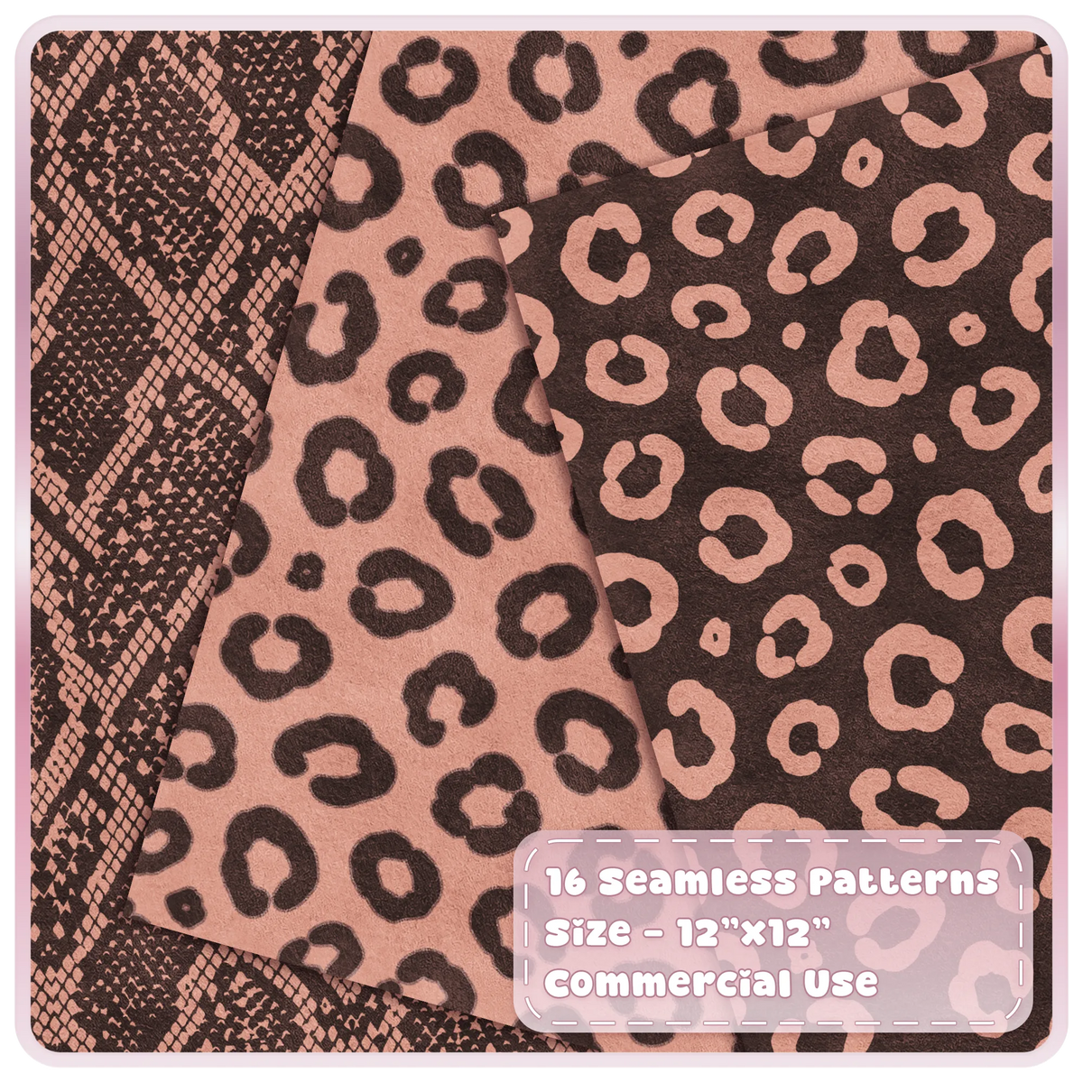 Peach Praline leopard print and python snakeskin seamless patterns in warm peach and dark brown