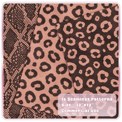 Peach Praline leopard print and python snakeskin seamless patterns in warm peach and dark brown