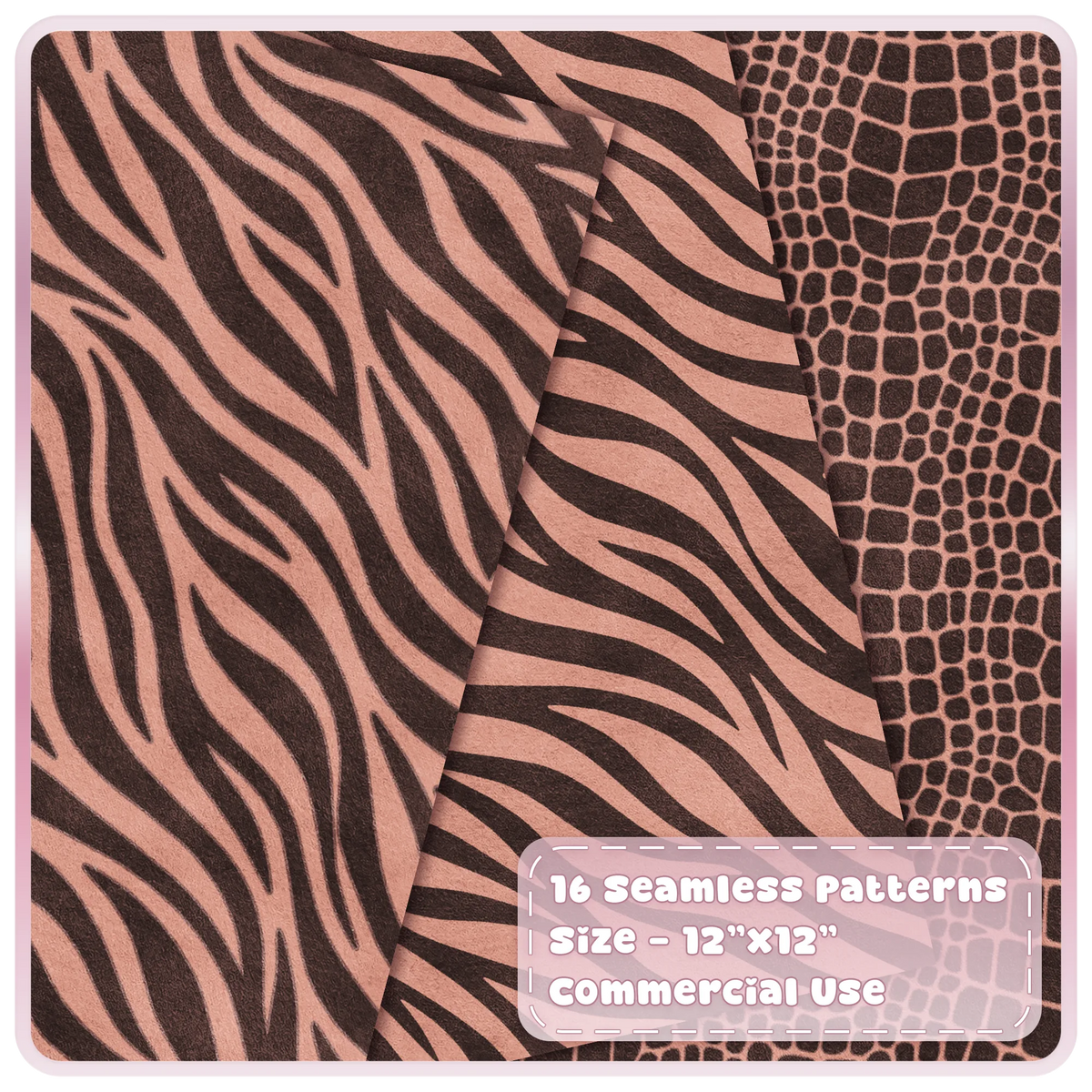 Peach zebra stripe and crocodile skin seamless animal print digital papers in chocolate brown