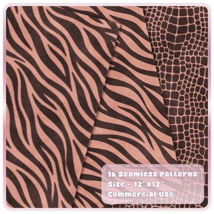 Peach zebra stripe and crocodile skin seamless animal print digital papers in chocolate brown