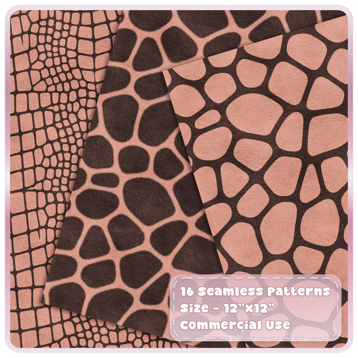 Peach Praline crocodile and giraffe print seamless digital papers in warm peach and deep brown