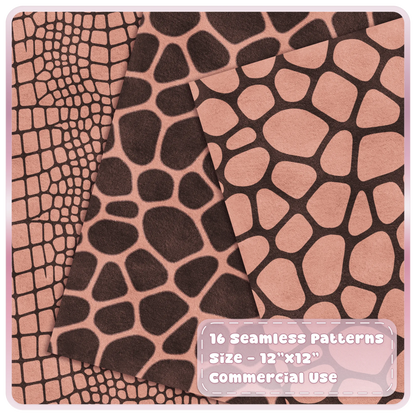 Peach Praline crocodile and giraffe print seamless digital papers in warm peach and deep brown