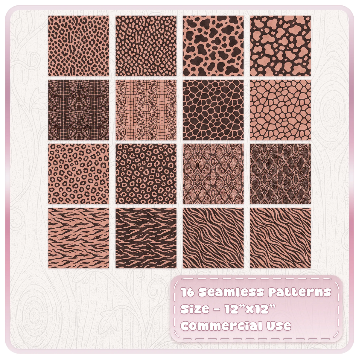 Set of 16 Peach Praline animal print patterns with leopard zebra snake giraffe and crocodile designs