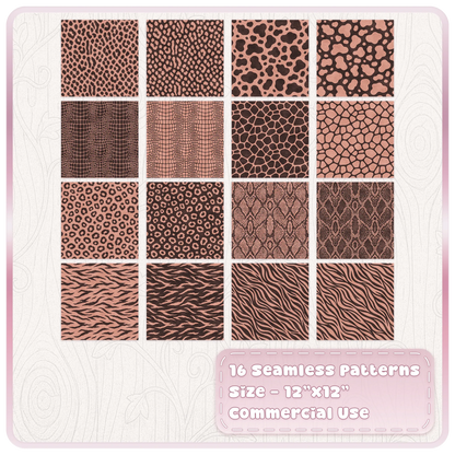 Set of 16 Peach Praline animal print patterns with leopard zebra snake giraffe and crocodile designs