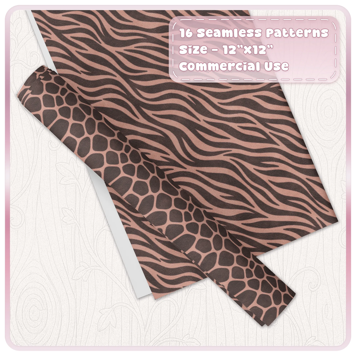 Peach zebra and giraffe seamless animal print digital papers shown as coordinating craft sheets