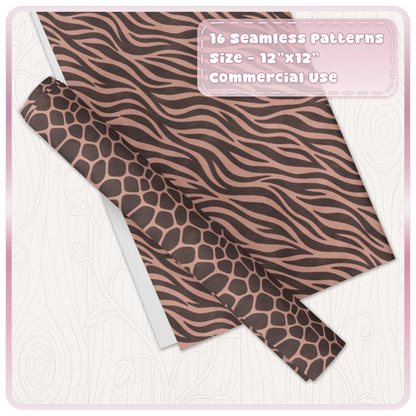 Peach zebra and giraffe seamless animal print digital papers shown as coordinating craft sheets