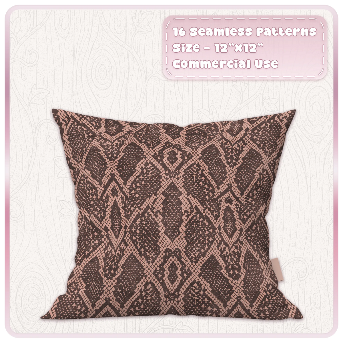 Peach and chocolate snakeskin seamless animal print pattern displayed on decorative cushion mockup
