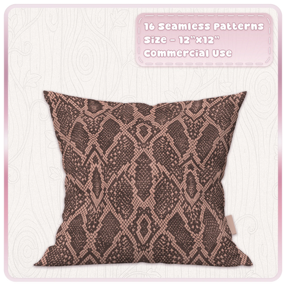 Peach and chocolate snakeskin seamless animal print pattern displayed on decorative cushion mockup