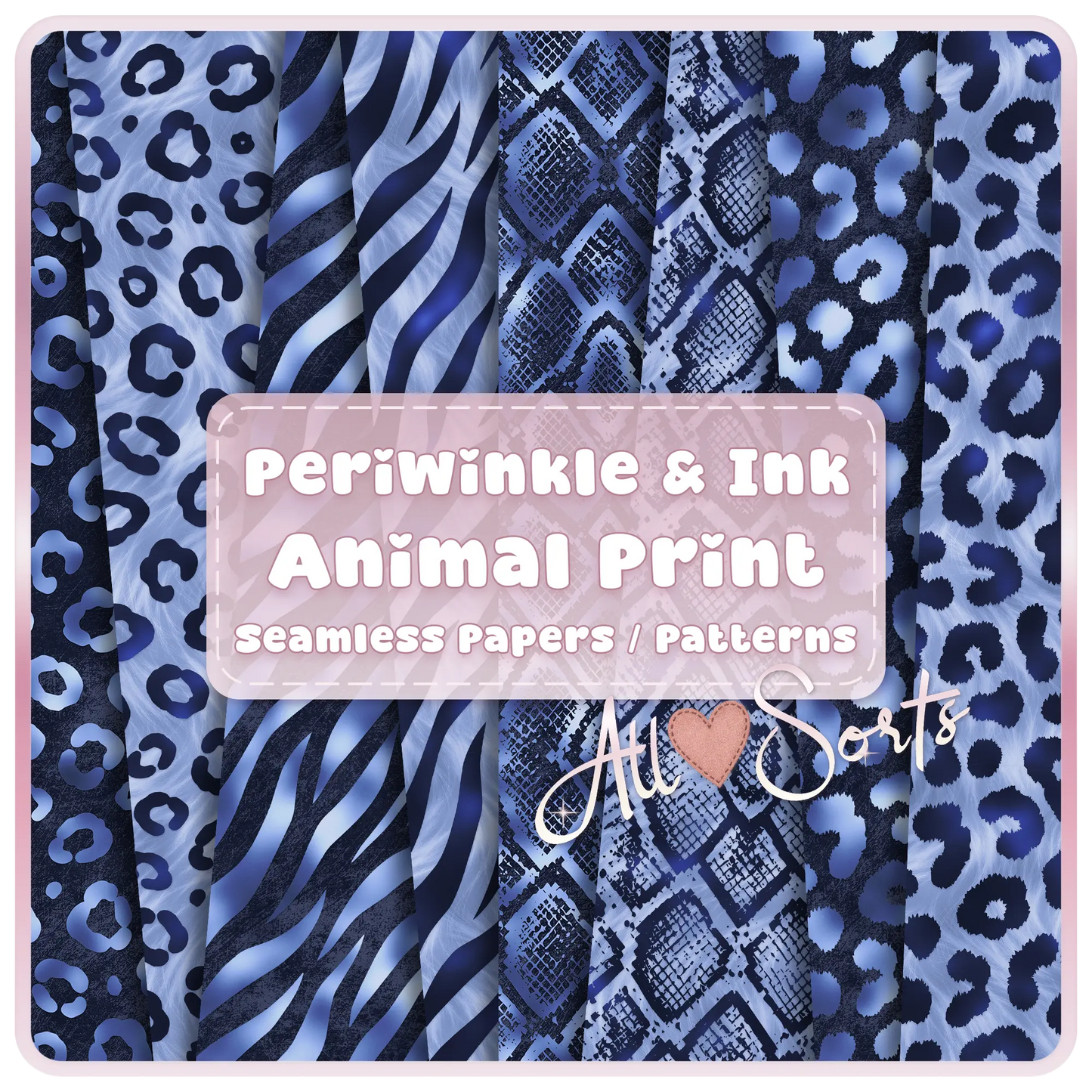 Periwinkle and ink blue animal print seamless patterns bundle preview featuring leopard zebra and abstract designs