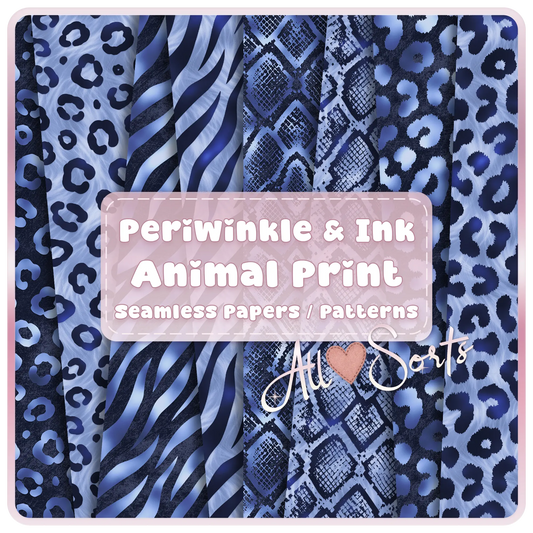 Periwinkle and ink blue animal print seamless patterns bundle preview featuring leopard zebra and abstract designs