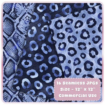 Blue leopard print seamless digital paper with periwinkle tones and animal print texture