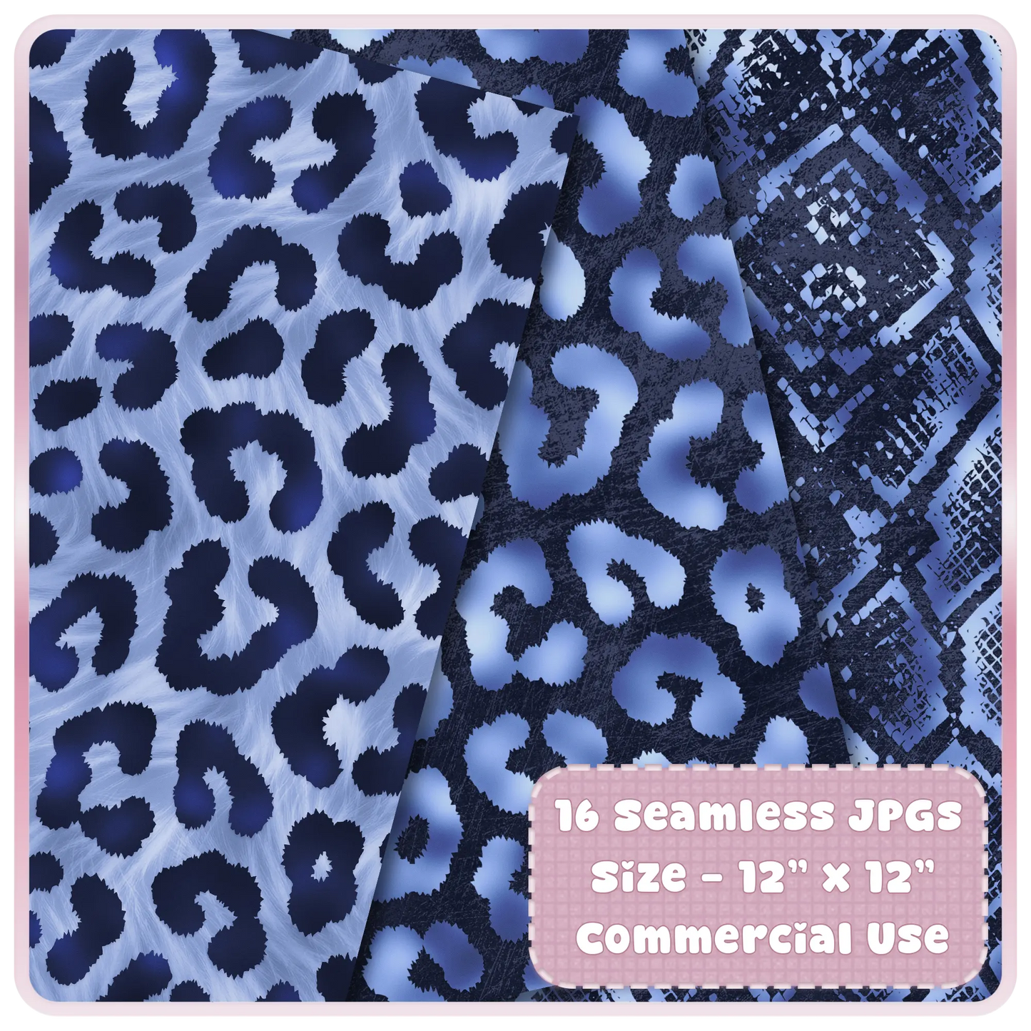 Seamless animal print patterns in navy and periwinkle including leopard and textured prints