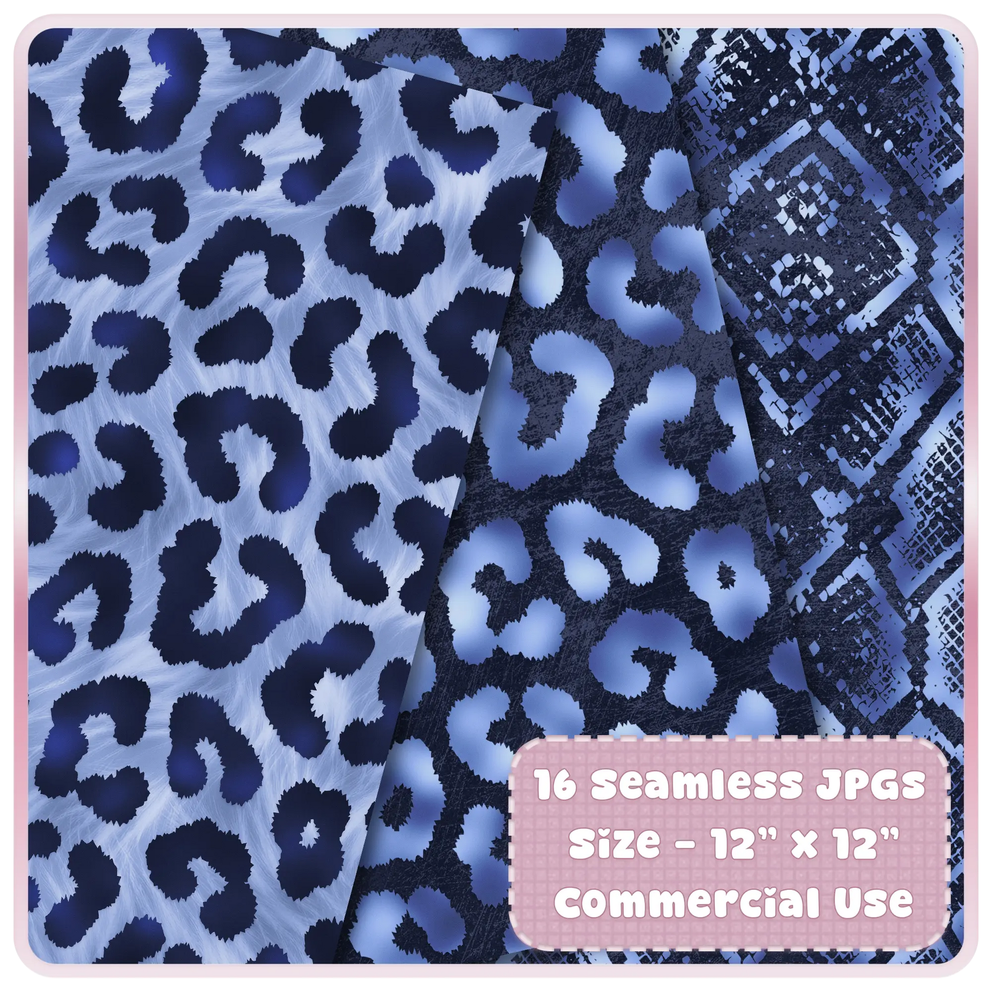 Seamless animal print patterns in navy and periwinkle including leopard and textured prints