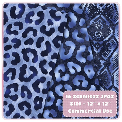 Seamless animal print patterns in navy and periwinkle including leopard and textured prints