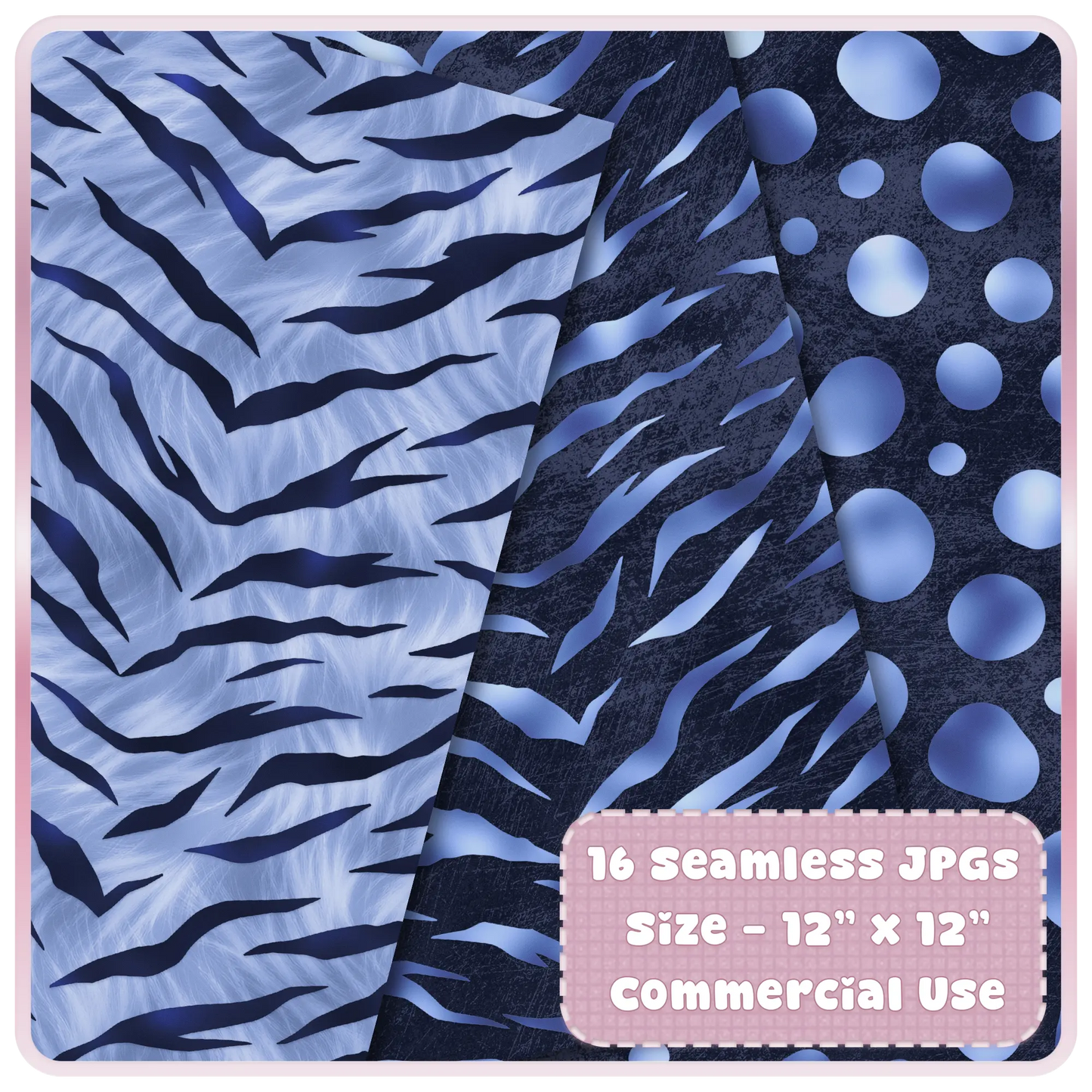 Tiger stripe and abstract animal print seamless patterns in deep navy and soft blue