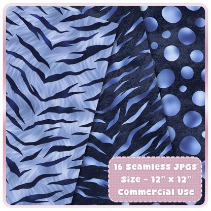 Tiger stripe and abstract animal print seamless patterns in deep navy and soft blue