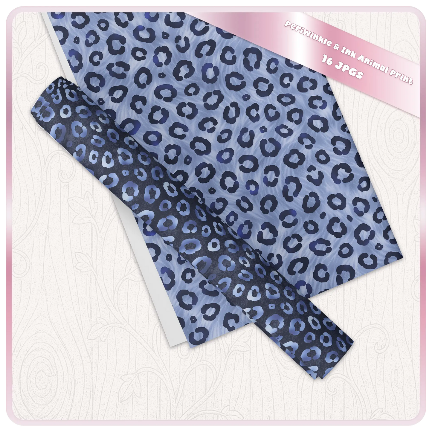 Leopard print seamless digital paper shown as scrapbook sheet and rolled pattern preview