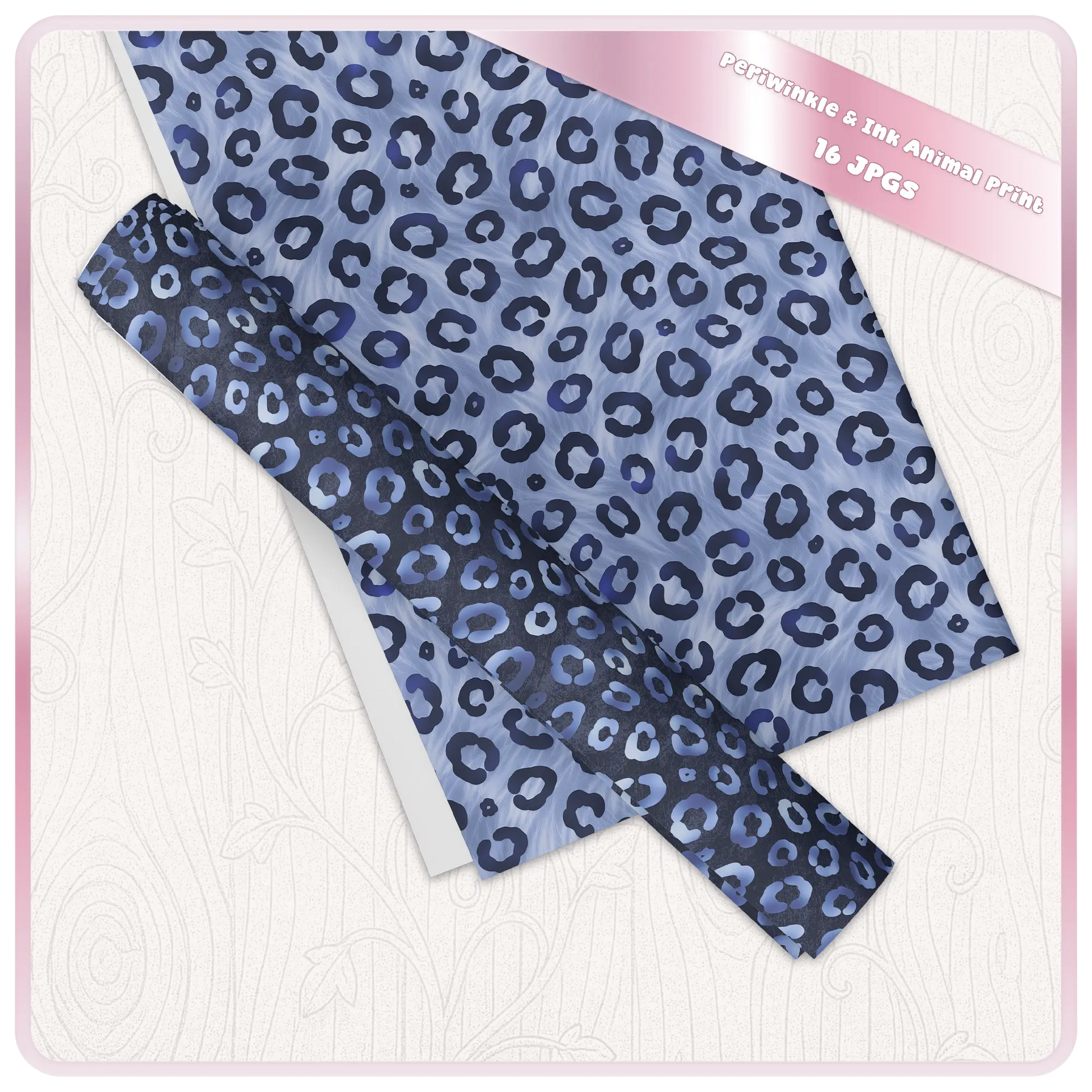 Leopard print seamless digital paper shown as scrapbook sheet and rolled pattern preview