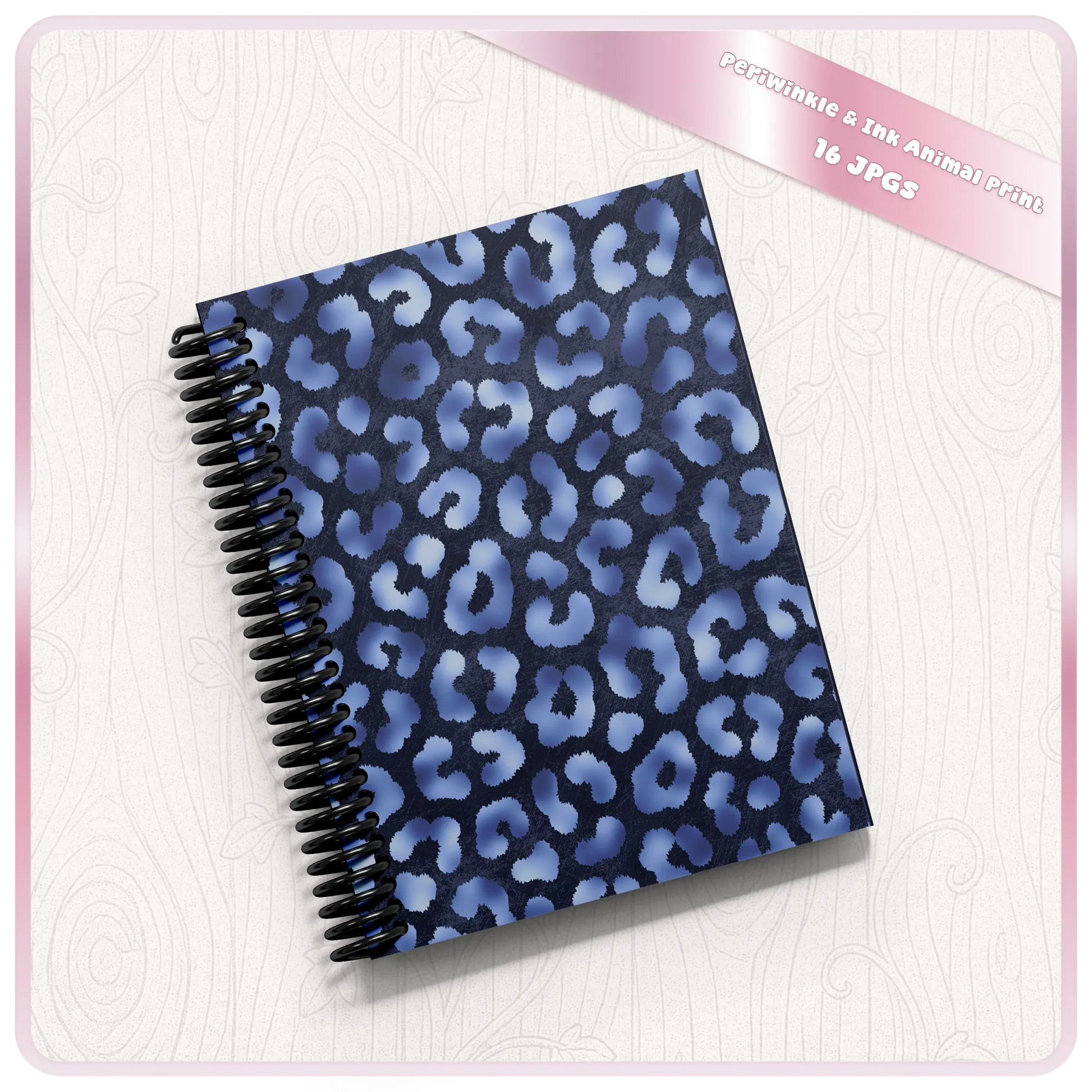 Animal print notebook cover mockup featuring blue leopard seamless pattern design
