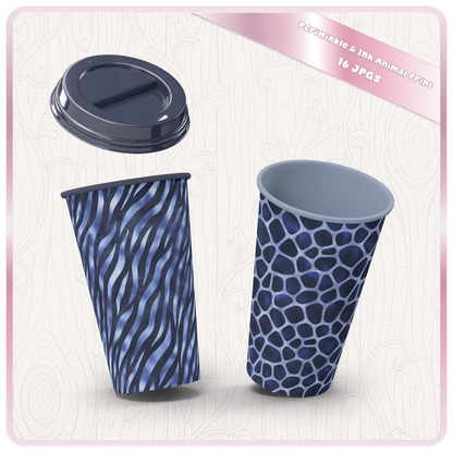 Seamless animal print patterns applied to reusable cups showing zebra and giraffe designs in blue tones