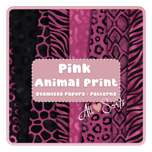 Pink animal print seamless digital paper pack featuring leopard, zebra, giraffe and snakeskin patterns in black and pink for scrapbooking and commercial use.