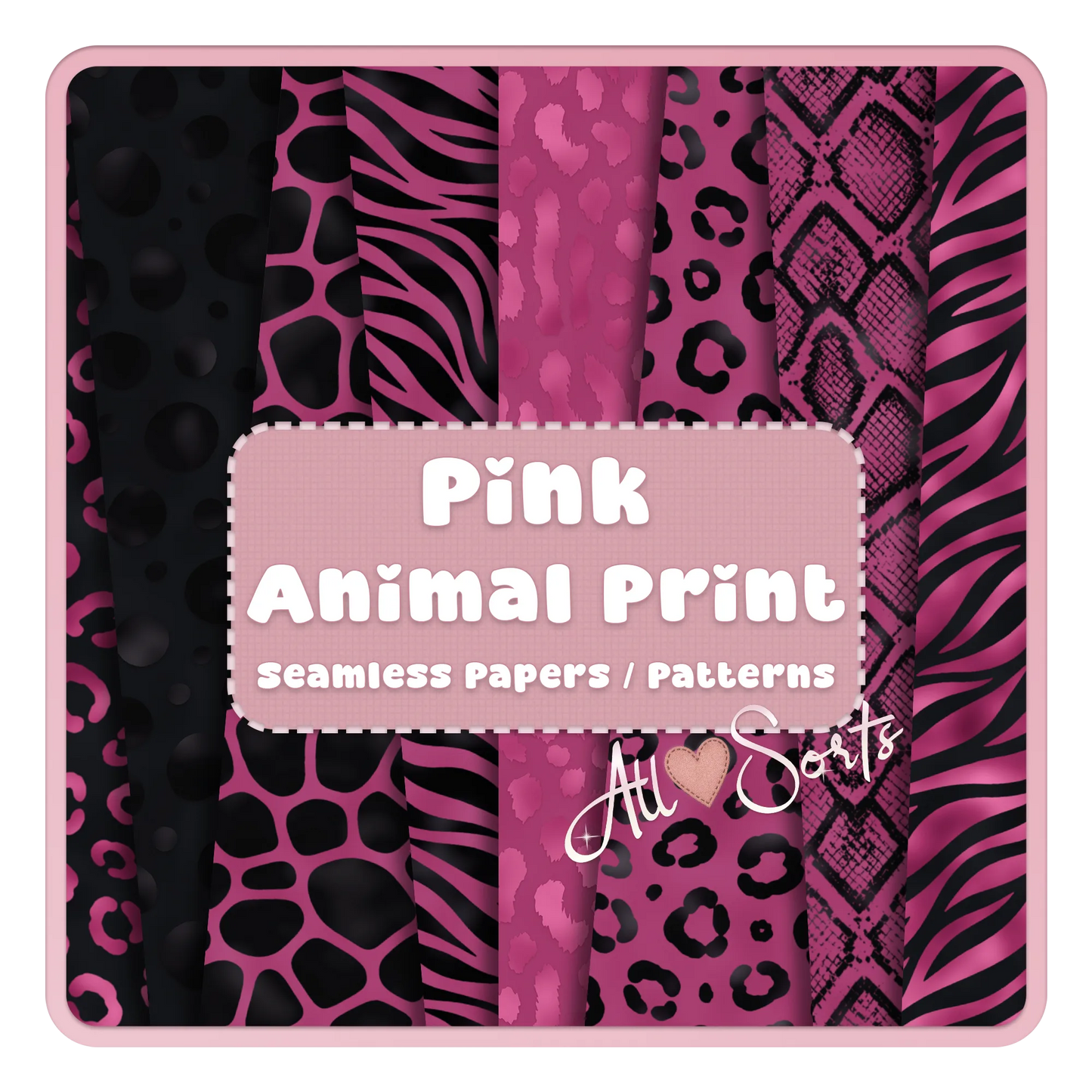 Pink animal print seamless digital paper pack featuring leopard, zebra, giraffe and snakeskin patterns in black and pink for scrapbooking and commercial use.