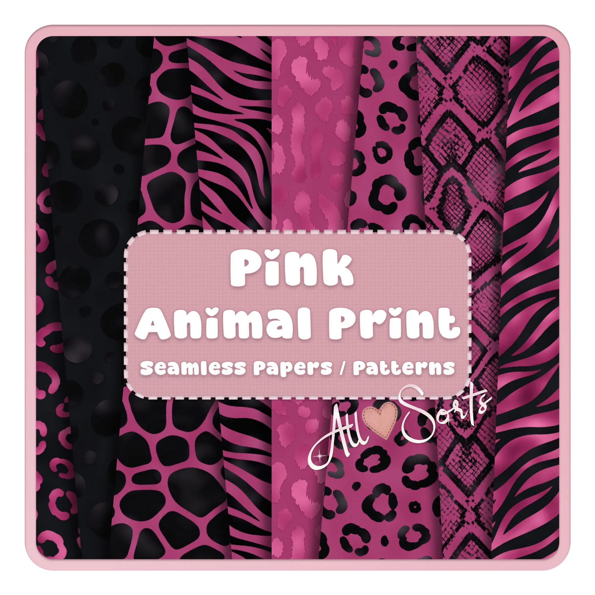 Pink animal print seamless digital paper pack featuring leopard, zebra, giraffe and snakeskin patterns in black and pink for scrapbooking and commercial use.