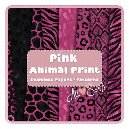 Pink animal print seamless digital paper pack featuring leopard, zebra, giraffe and snakeskin patterns in black and pink for scrapbooking and commercial use.