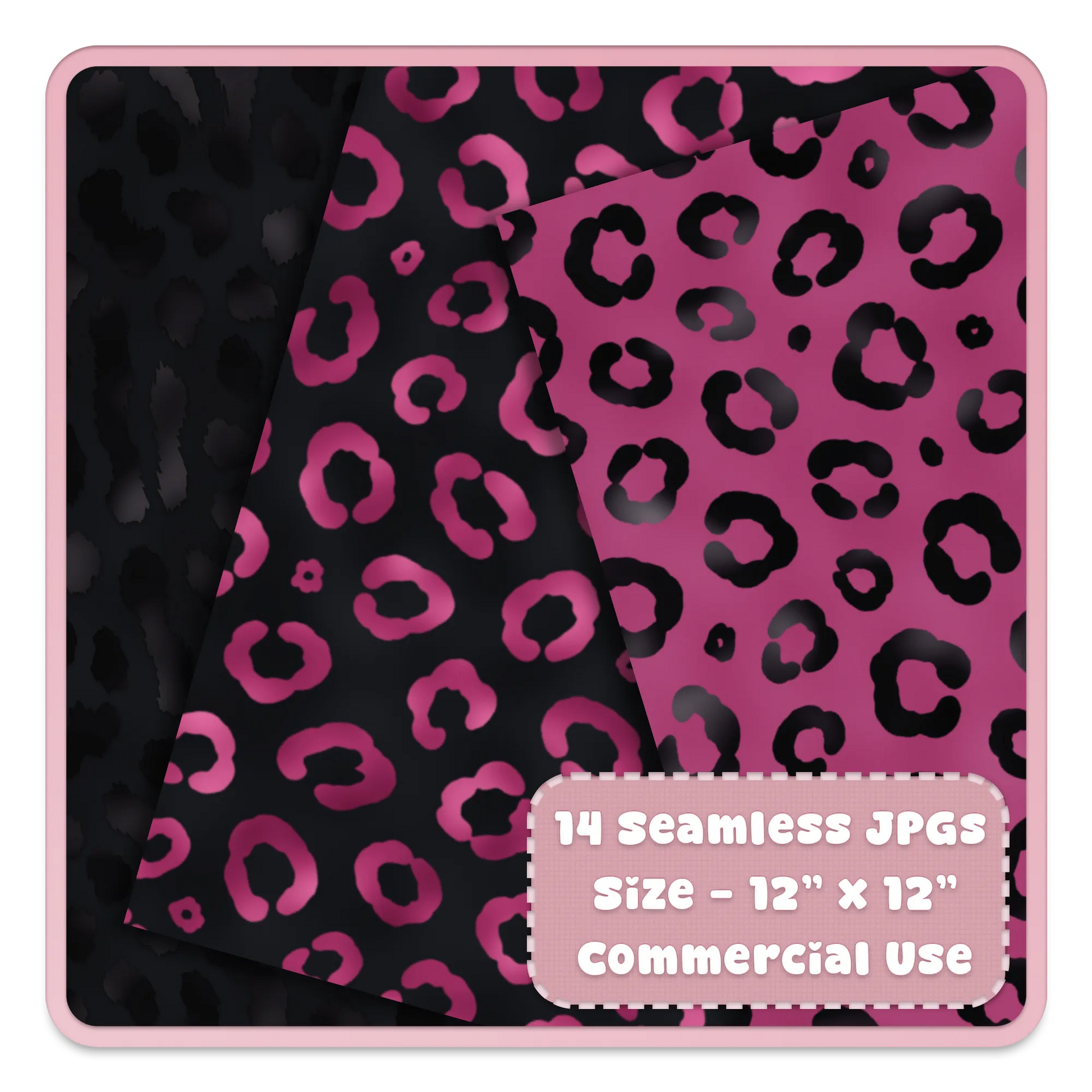 Pink and black leopard print seamless digital paper patterns, 12x12 scrapbook background textures for crafting and commercial use.