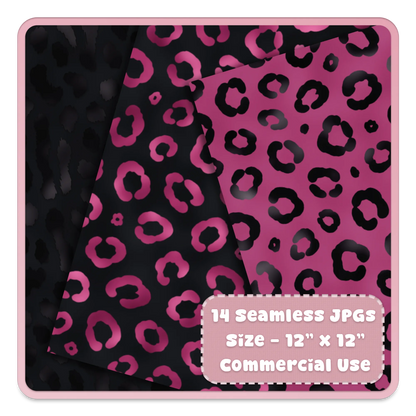 Pink and black leopard print seamless digital paper patterns, 12x12 scrapbook background textures for crafting and commercial use.