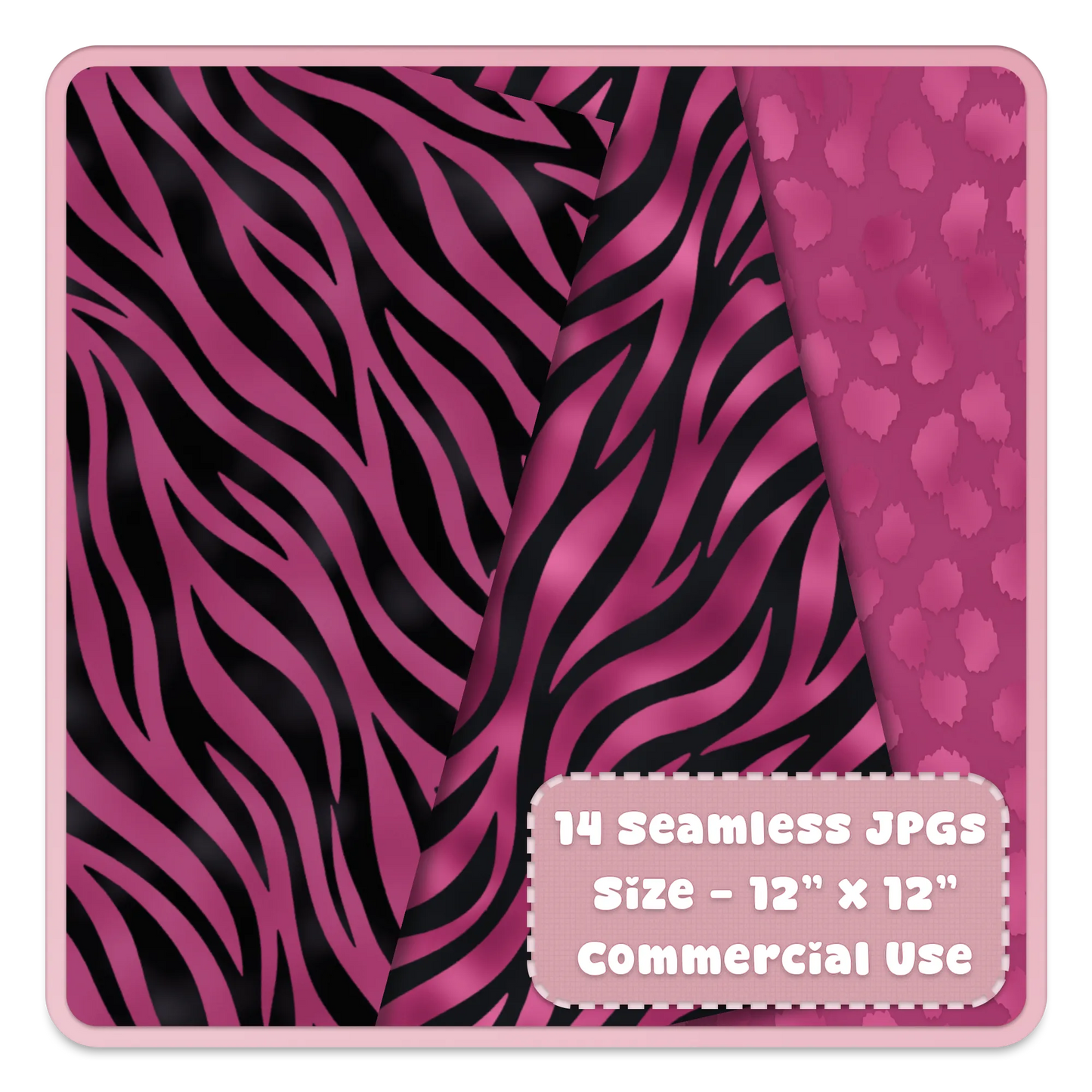 Pink zebra print seamless digital paper backgrounds, bold black and pink animal stripe patterns for scrapbooking and design.