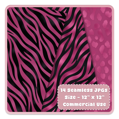 Pink zebra print seamless digital paper backgrounds, bold black and pink animal stripe patterns for scrapbooking and design.