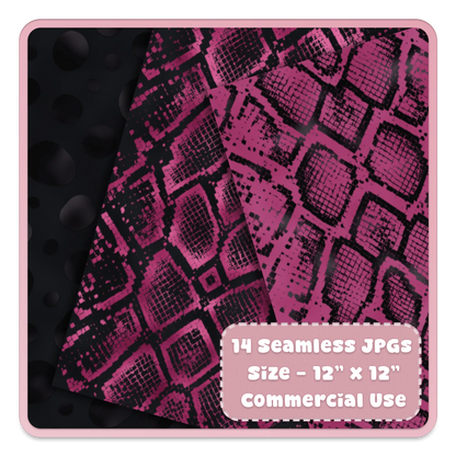 Pink snakeskin animal print seamless digital paper textures, bold reptile pattern backgrounds for crafts and commercial use.