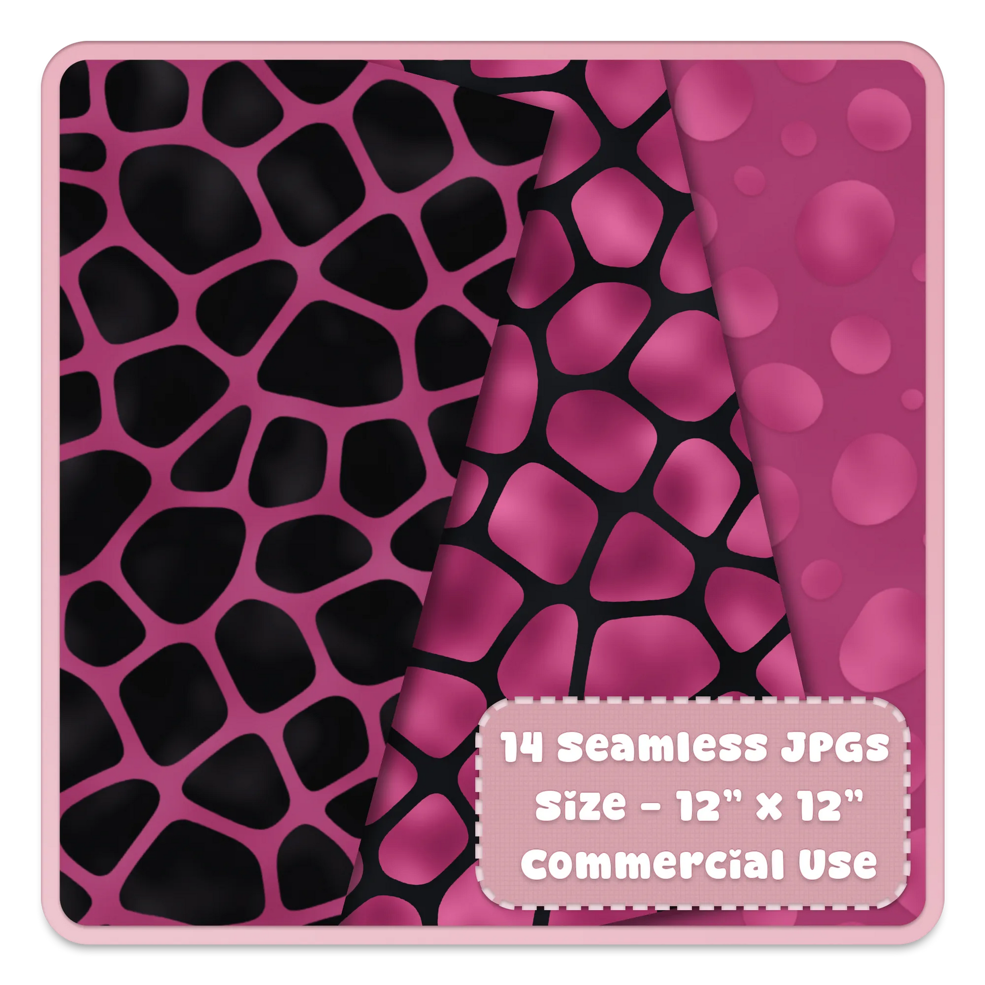 Pink giraffe print seamless digital paper backgrounds with black animal spots for scrapbooking, crafts, and printable designs.